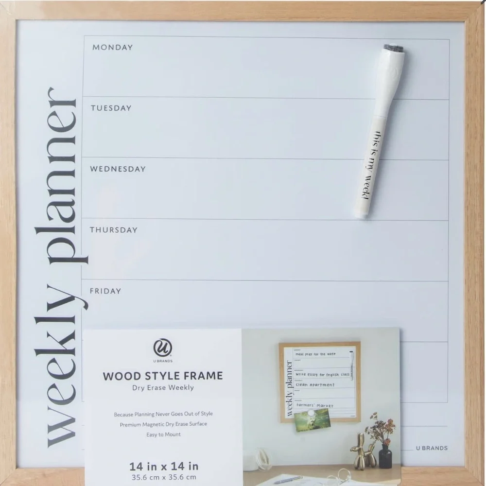 Black or Light Wood Weekly Dry Erase Wall Planner